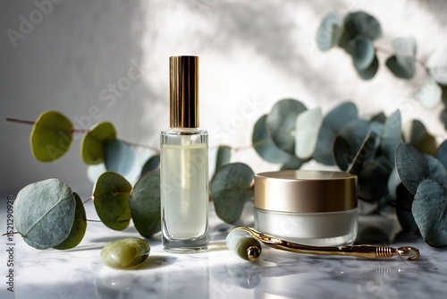 Skincare product layout with natural elements on marble for wellness branding

