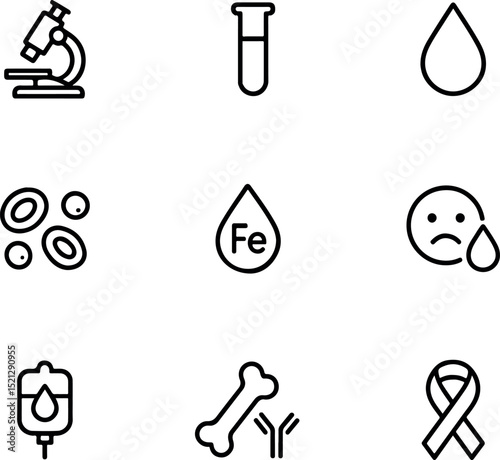 A collection of black and white medical and scientific icons, including a microscope, test tube, blood drop, red blood cells, an iron (Fe) symbol within a drop, a sad face with a teardrop, an IV bag, 