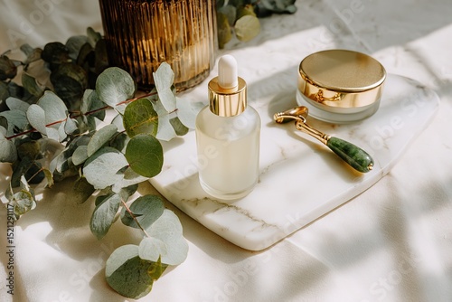 Skincare product layout with natural elements on marble for wellness branding
