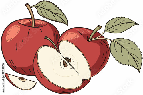 Close-up of fresh red apples with green leaves and sliced fruit section
