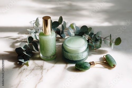 Skincare product layout with natural elements on marble for wellness branding
