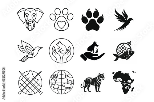 Collection of black and white animal and environmental icons for wildlife conservation animal, animals, wildlife, conservation, icon