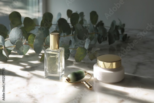 Skincare product layout with natural elements on marble for wellness branding
