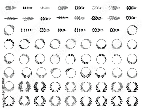 Set of black silhouette circular Laurel Wreath icons