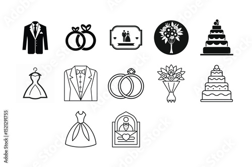 Collection of wedding icons dresses suits rings cakes and bouquets, wedding, icons, wedding icons, wedding symbols