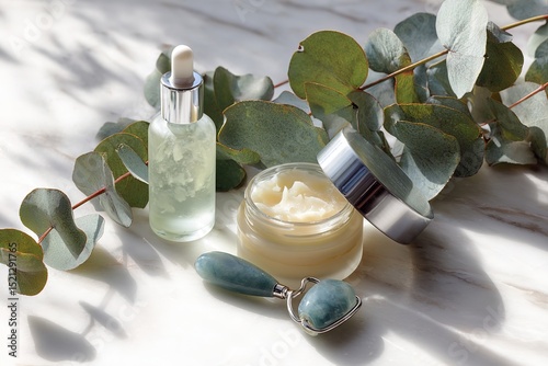 Skincare product layout with natural elements on marble for wellness branding
