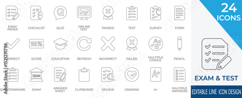 Comprehensive line icon set covering exams, tests, quizzes, and grading essentials. Perfect for education apps, e-learning platforms, forms, and academic designs.