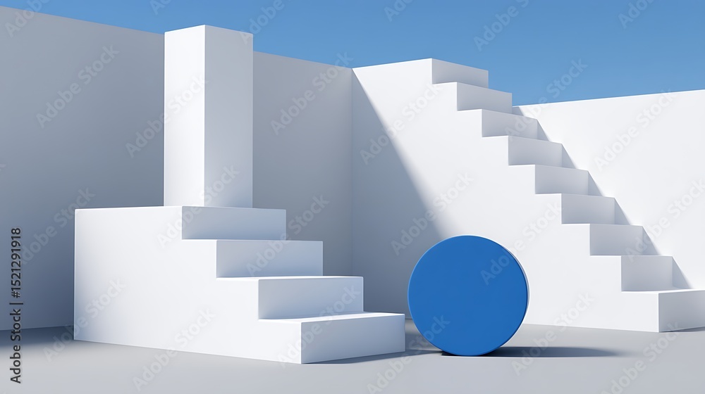 Geometric composition with stairs and blue circle Geometric composition with stairs and blue circle