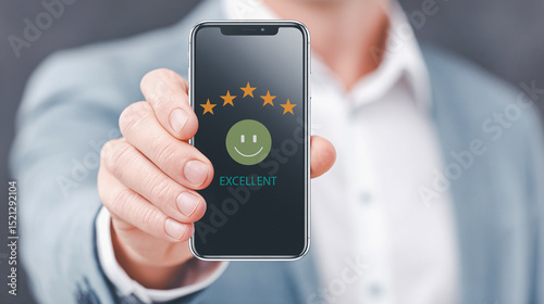 Businessman show five-star customer service feedback review on smartphone.