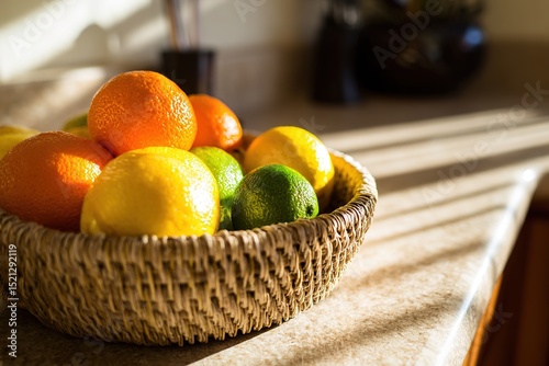 A sunlit basket of fresh citrus fruits on a kitchen counter with rich textures
