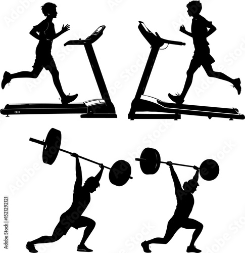 Fitness Training Silhouettes - Treadmill Running & Weightlifting Workout Vector