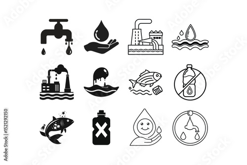Water pollution icons set tap water industrial waste plastic pollution and clean water, water, pollution, icons, set, tap, water tap, faucet, industrial