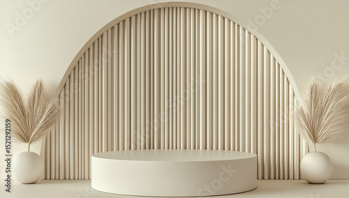 The high-quality 3D render features an abstract pastel-themed background featuring soft geometric shapes, decorative arches, and a minimalist podium for product display,