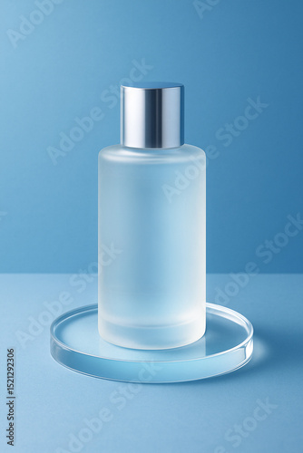 Transparent Skincare Bottle on Circular Glass Podium – Minimalist Product Scene on Blue Background
