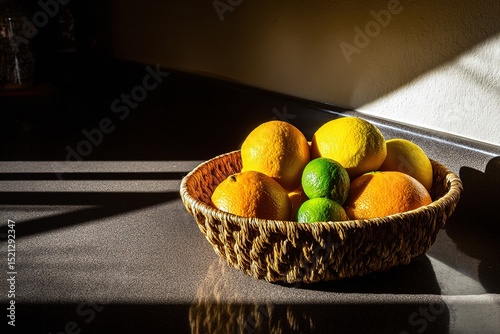 A sunlit basket of fresh citrus fruits on a kitchen counter with rich textures
