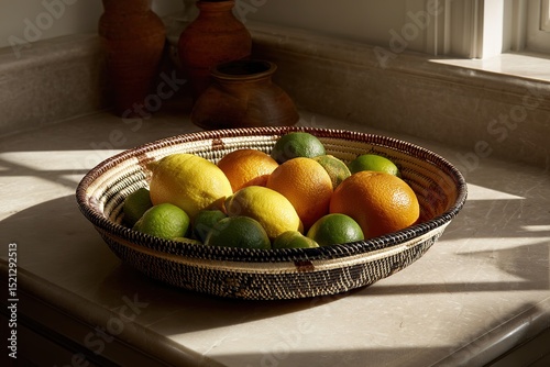A sunlit basket of fresh citrus fruits on a kitchen counter with rich textures
