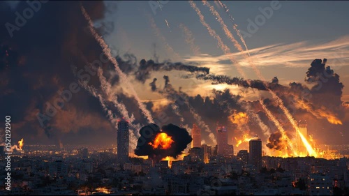 City Under Missile attack Barrage at Dusk