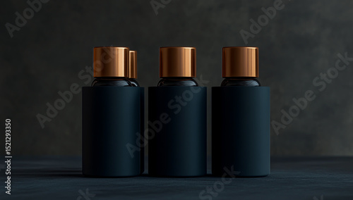 The matte black ceramic cosmetic packaging features a sleek copper metal cap, dark blue and black color scheme, which exudes premium quality design and high-end aesthetics.