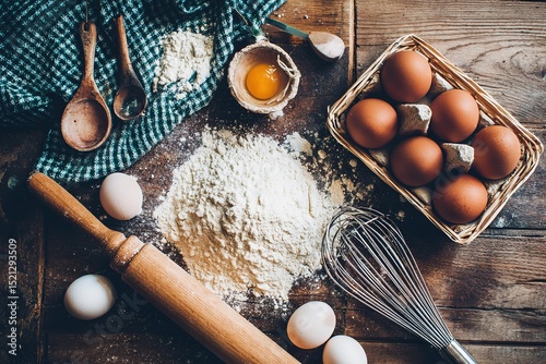 A flat lay of cozy baking ingredients and tools on a rustic wood background
