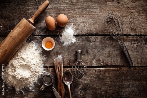 A flat lay of cozy baking ingredients and tools on a rustic wood background
