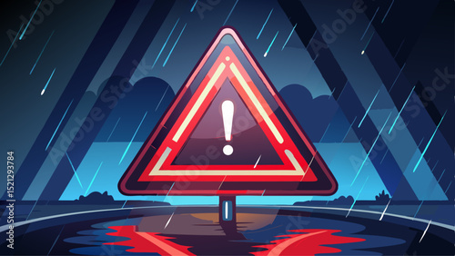 Night Road Emergency Warning Triangle Reflective Red Light Car Accident Rainy Night Safety Caution Sign Transportation Hazard Wet Asphalt Dark Background help risk alert