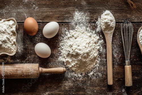 A flat lay of cozy baking ingredients and tools on a rustic wood background

