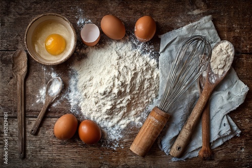 A flat lay of cozy baking ingredients and tools on a rustic wood background
