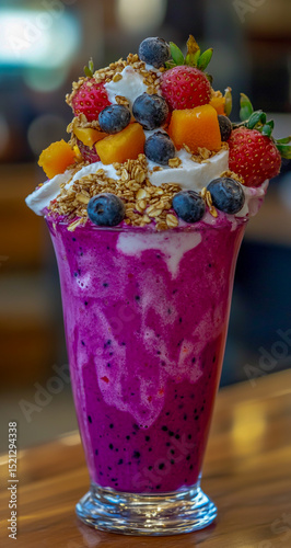 Vibrant and inviting images of an exotic dragon fruit smoothie, adorned with bright magenta color, creamy texture, fresh tropical ingredients, and colorful fruit slices, 