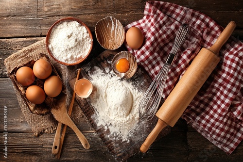 A flat lay of cozy baking ingredients and tools on a rustic wood background
