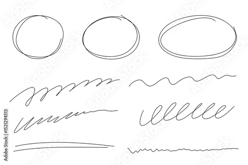 Highlight handdrawn oval sketch frames line set. Hand drawn scribble circle underscore set. Doodle ovals and ellipses line template. Vector illustration oval isolated on white background.