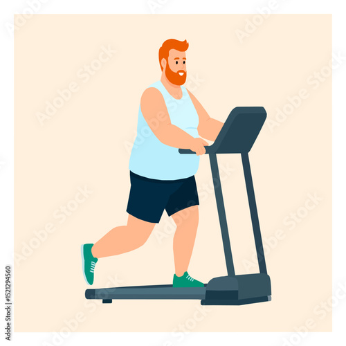 Man exercising on a treadmill, promoting fitness, health, and body positivity. Vector illustration of an overweight man running in the gym with motivation and self-care.