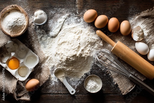 A flat lay of cozy baking ingredients and tools on a rustic wood background
