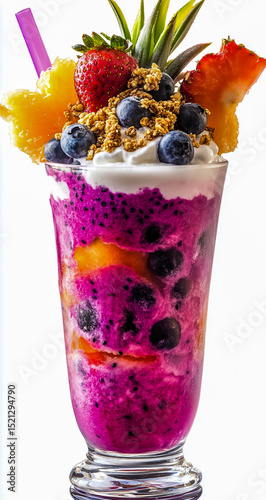 Vibrant and inviting images of an exotic dragon fruit smoothie, adorned with bright magenta color, creamy texture, fresh tropical ingredients, and colorful fruit slices, 