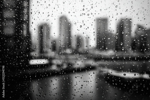Rain droplets on a window in monochrome with blurred cityscape background
