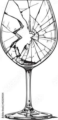 Broken Wine Glass, Fragile, Vector Illustration, Sketch Drawing Line Linear Symbol Icon Engraving Coloring Book, Hand-drawn Black and White Isolated