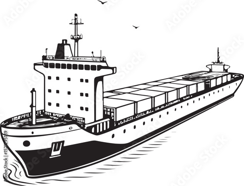 Cargo ship Tanker Bulk carrier Vector Illustration, Sketch Drawing Line Linear Symbol Icon Engraving Coloring Book, Hand-drawn Black and White Isolated