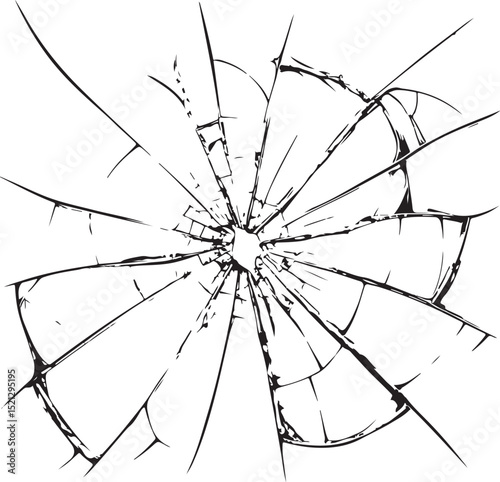 Broken Glass Texture, Shattered Window, Vector Illustration, Sketch Drawing Line Linear Symbol Icon Engraving Coloring Book, Hand-drawn Black and White Isolated
