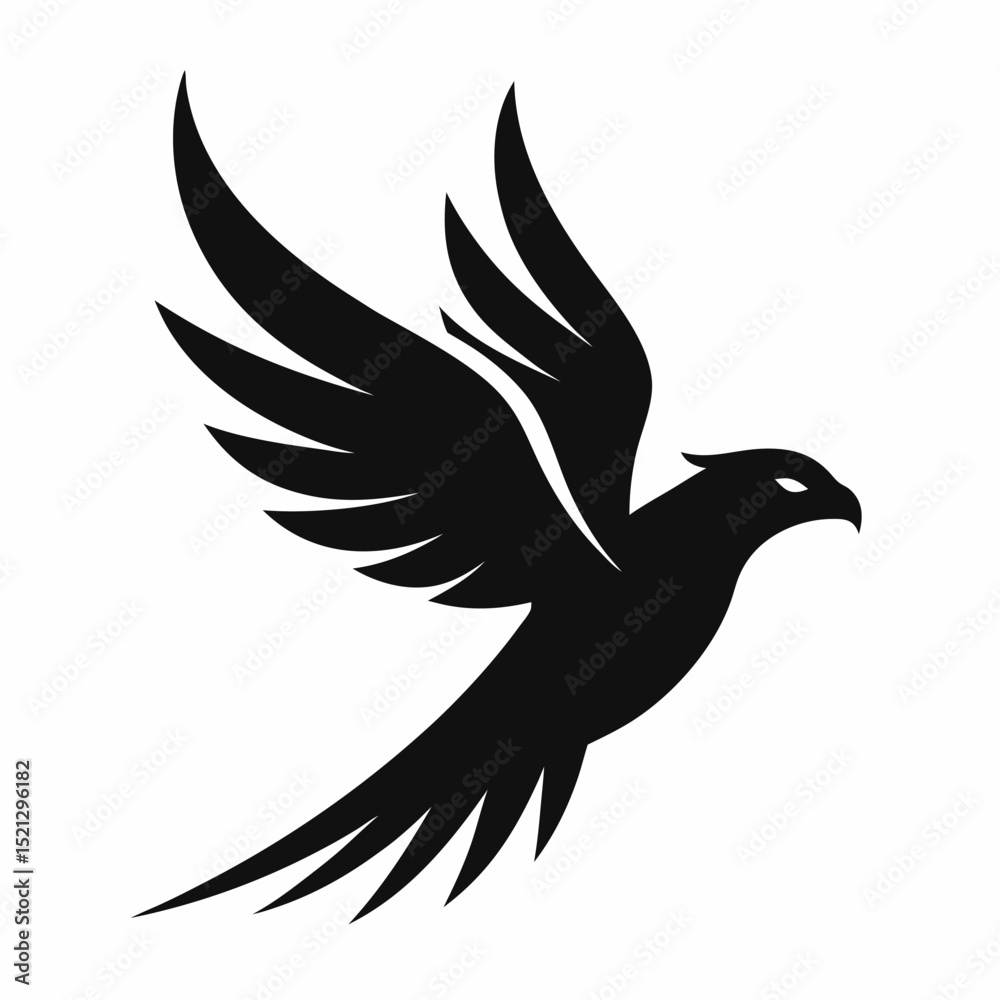 Obraz premium Stylized black hawk bird in flight logo design, hawk, bird, flying, flight, wings, black, silhouette, logo, design, icon