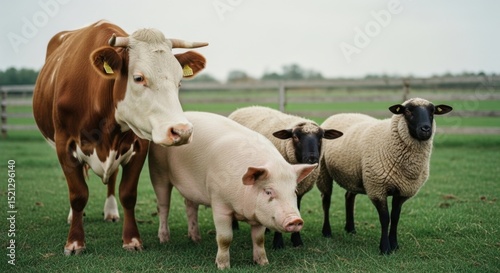 Farm Animals Standing Together on Green Field Grazing