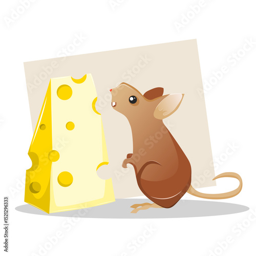 a mouse with a large cheese in front of him, the mouse's breakfast