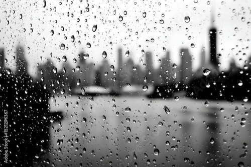 Rain droplets on a window in monochrome with blurred cityscape background
