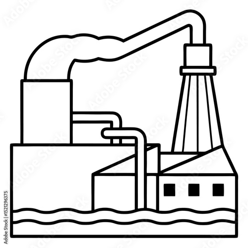 Industrial factory building water pollution line art illustration
