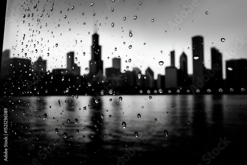 Rain droplets on a window in monochrome with blurred cityscape background
