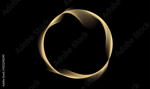 Abstract circle wave lines, gradient light equalizer gold wavy curve. Round frame in luxury golden color isolated on black background. Editable stroke. Vector illustration with copy space