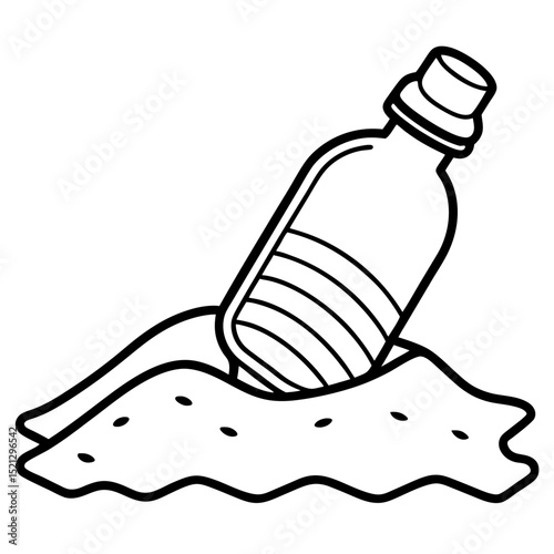 Message in a bottle half buried in sand simple line art illustration, message in a bottle, bottle, glass bottle