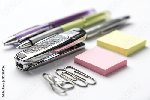A clean layout of isolated office supplies on white background for catalog or e-commerce use
