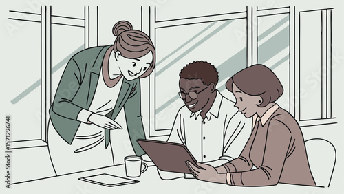 Three colleagues collaborating on a project using a tablet in a bright office setting together now today