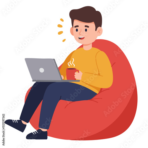 A cartoon man with a laptop and a cup sits in a red beanbag