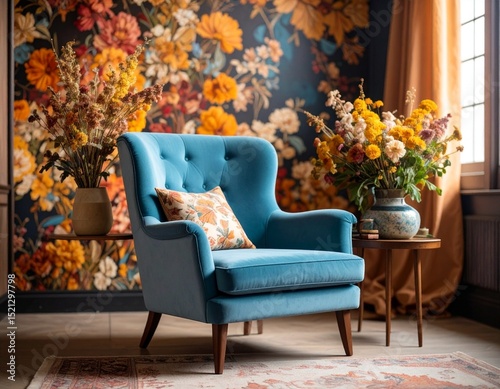blue chair and flowers