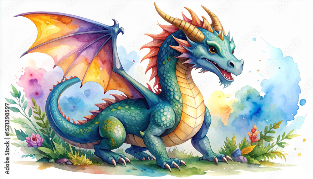 Obraz premium Whimsical Watercolor Dragon in a Fantasy Garden